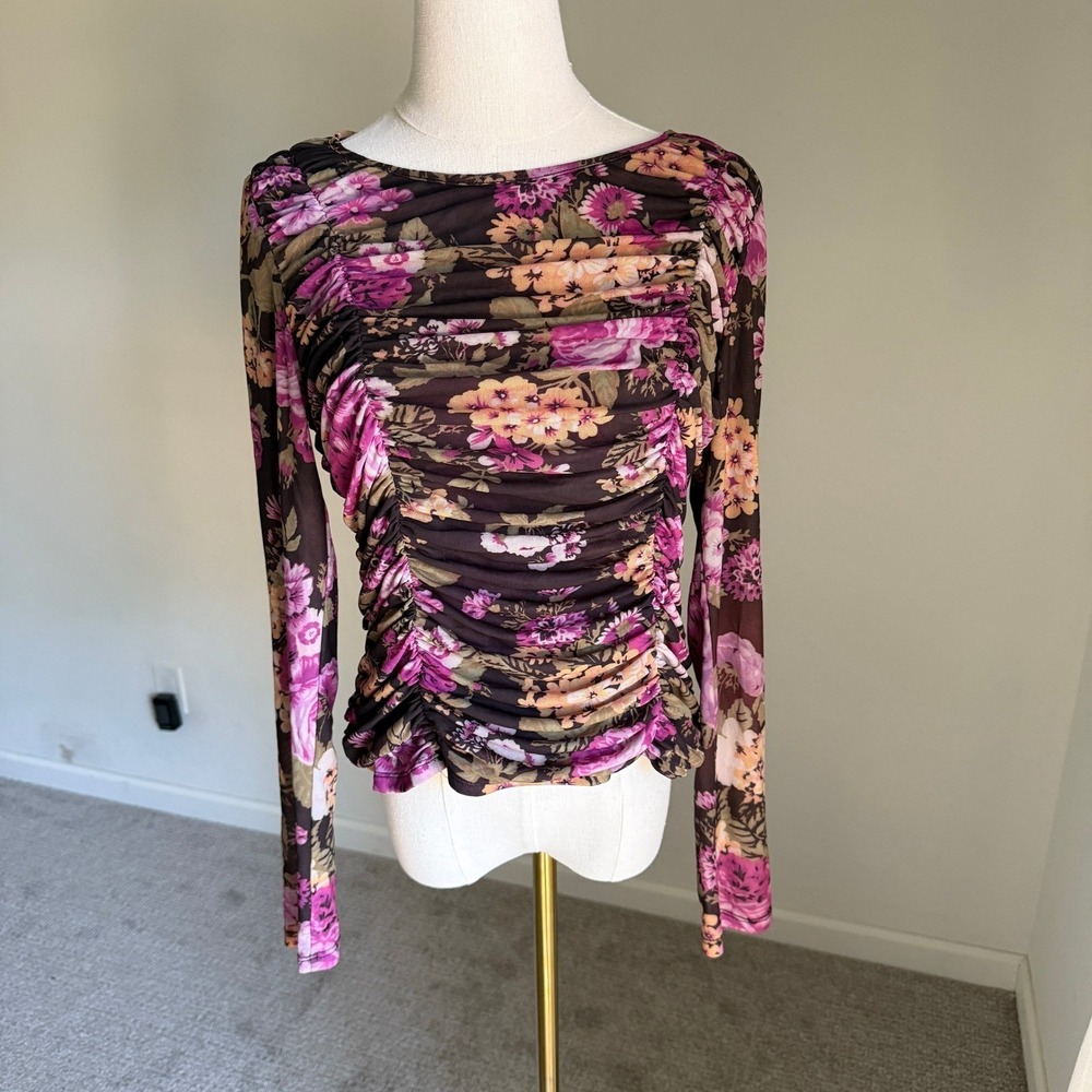 Maeve Anthropologie Ruched Floral Mesh Long Sleeve Top Medium Black Semi Sheer